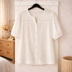Violets & Roses Viola White Pintuck Lace Blouse Short Sleeve Boho Top Size L
